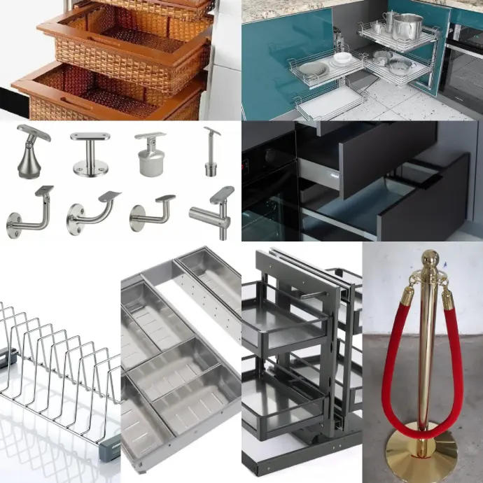 Complete hardware solutions for railings, doors & furniture: elbows, d-brackets, railing capsules, hinges, aluminium channels & SS designer pillars.