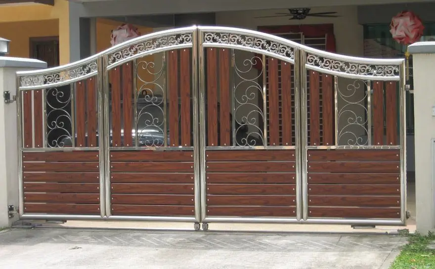 stainless steel main entrance gate with wodden design