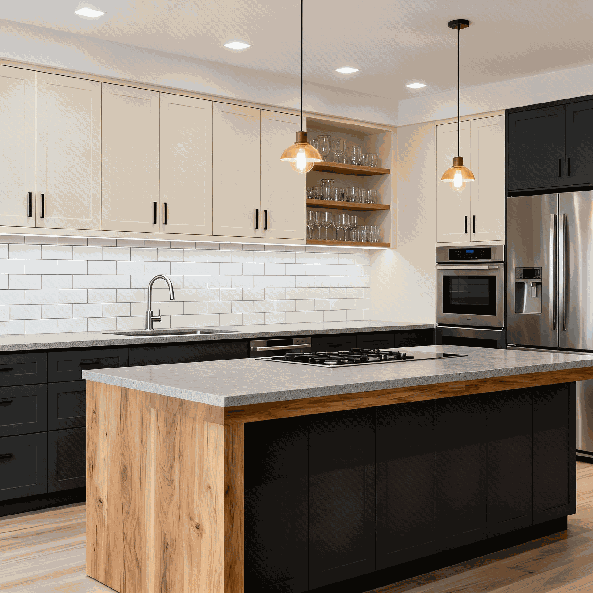 Two-tone cream and charcoal modular kitchen
