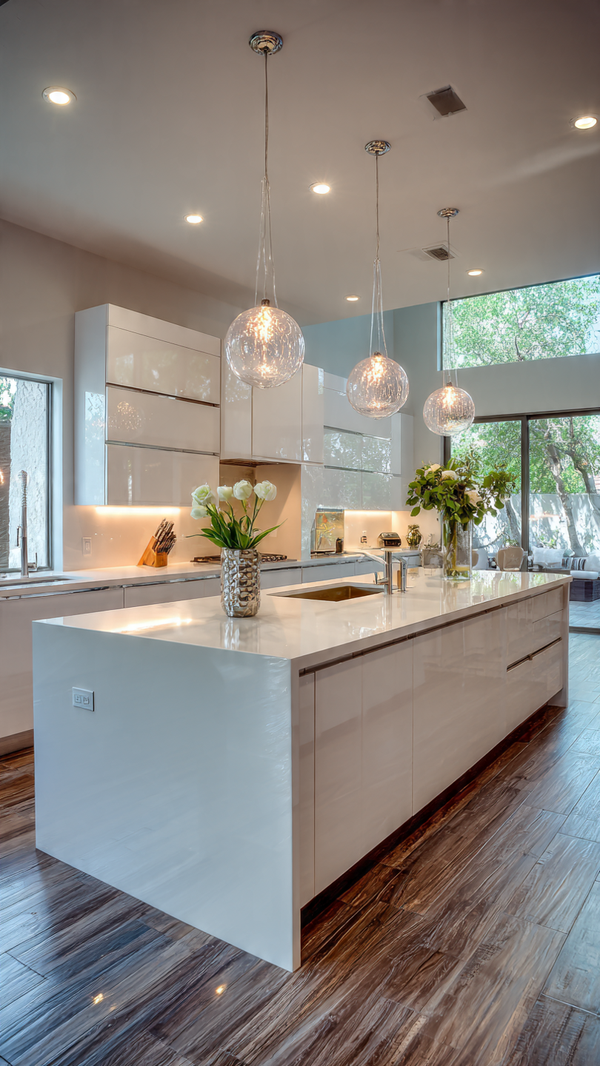 Modern island kitchen with large white acrylic island and pendant lamps