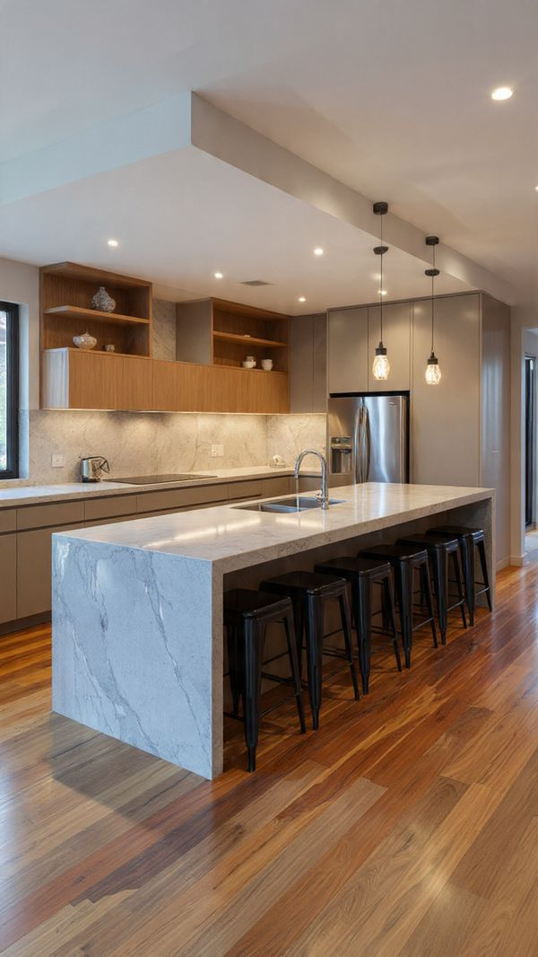 Kitchen with open shelving and multi-functional laminated kitchen island