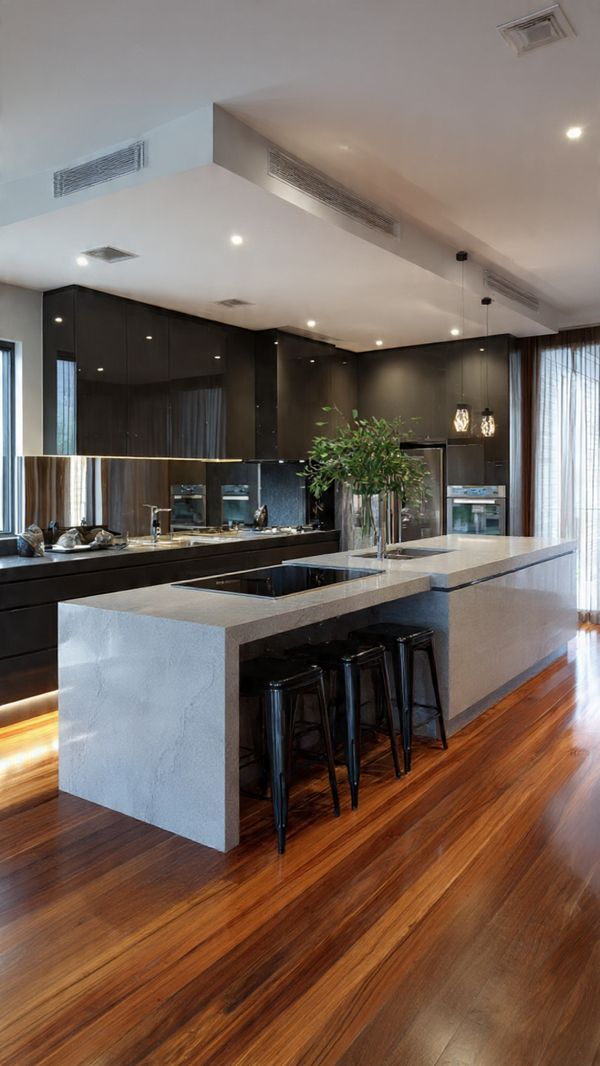 Modern kitchen with acrylic laminated island featuring built-in cooktop and sink