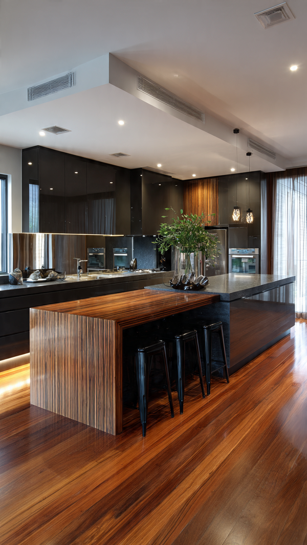 Contemporary kitchen with dark laminated island and wooden flooring