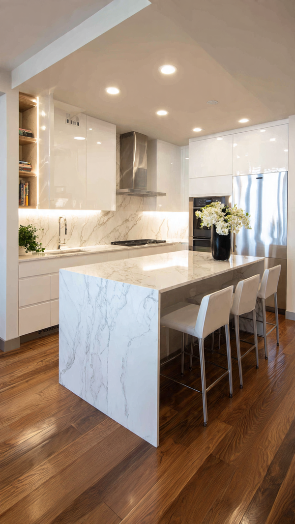 Kitchen island with waterfall quartz laminated edge and minimalist bar seating