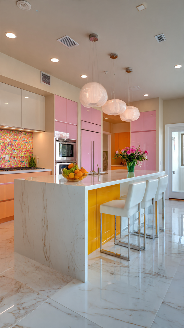 Sleek modern island kitchen with high gloss acrylic front and marble flooring