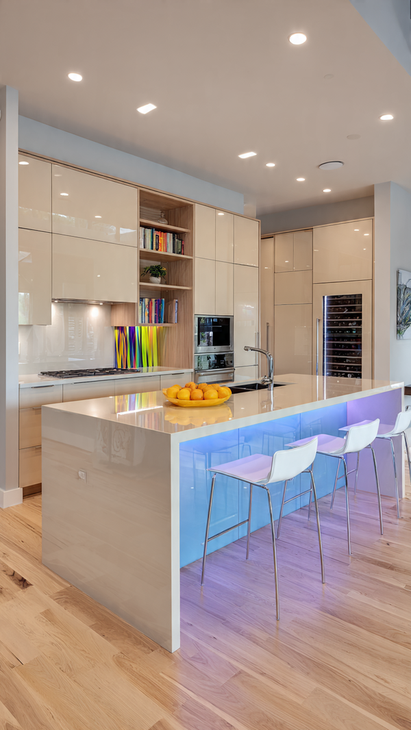 Modern island kitchen with built-in laminated wine cooler and storage drawers