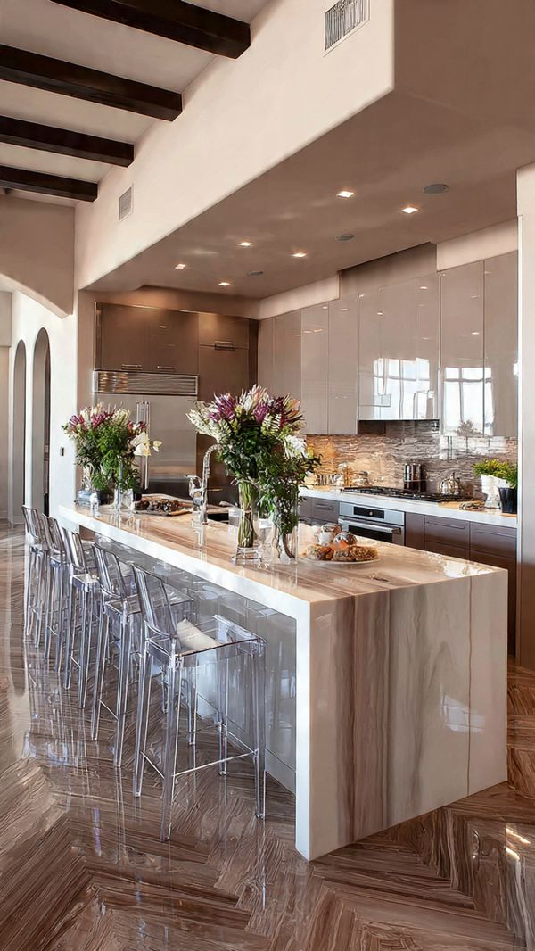 Kitchen island featuring integrated stainless steel appliances, laminated counters, and acrylic decking