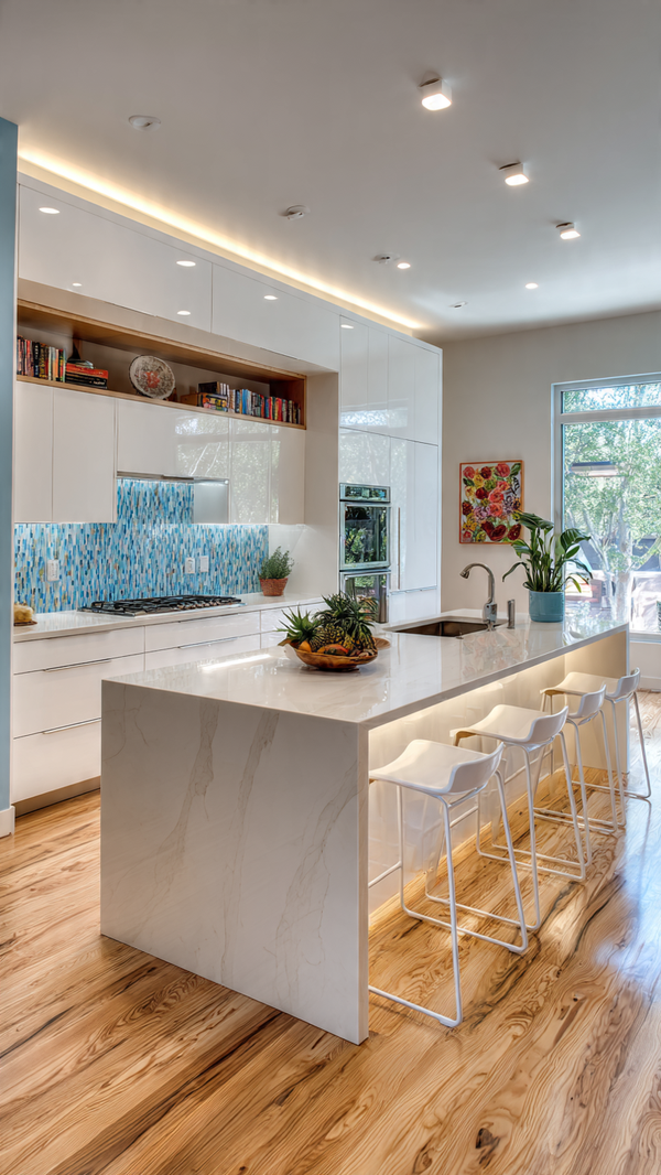 Bright kitchen with colorful laminated backsplash and acrylic island centerpiece