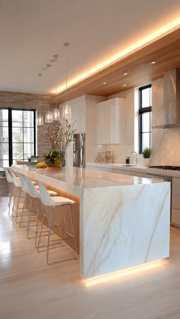Minimalist kitchen with large laminated island and acrylic focal lighting