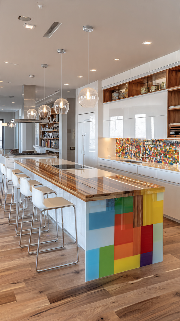 Kitchen with dual-level laminated island and modern acrylic pendant lights
