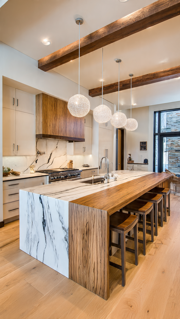 Kitchen with large laminated island, breakfast bar, and natural wood acrylic combo