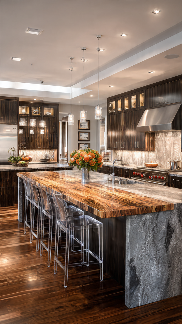 Expansive kitchen with laminated island and multiple prep stations with acrylic stools
