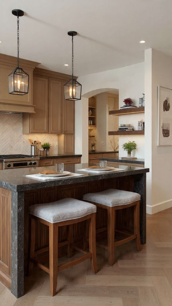 Modern peninsula kitchen with dark granite countertop and light wood cabinetry