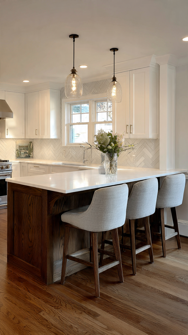 White and walnut wood peninsula kitchen with bar stools and pendant lighting