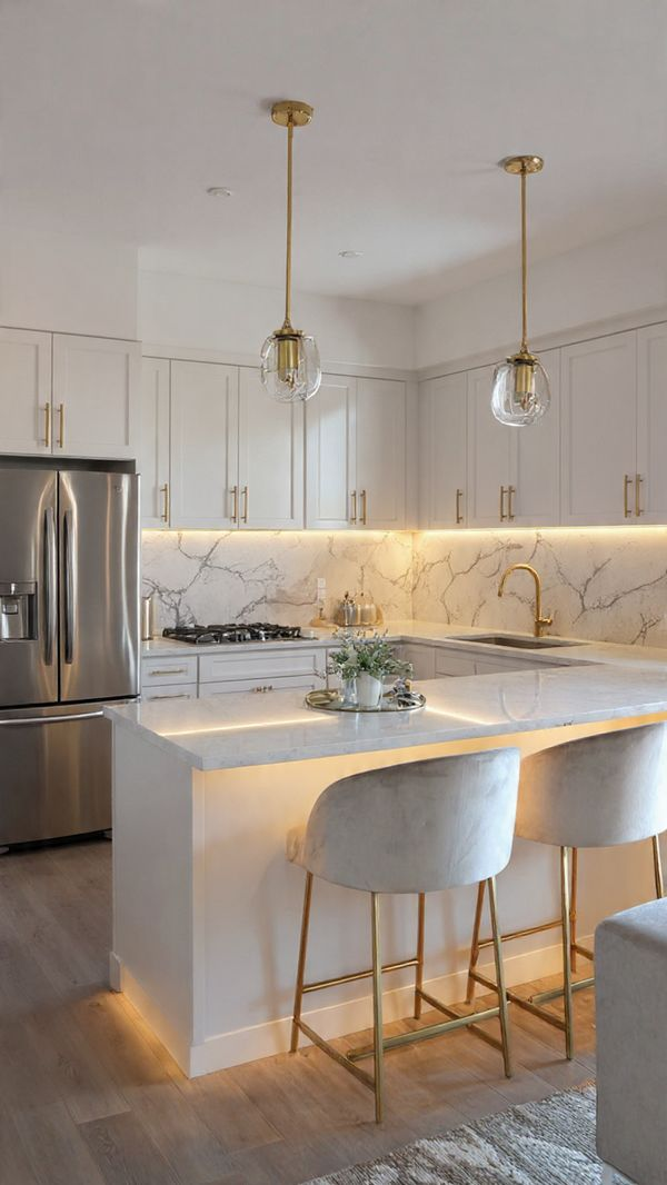 Open-concept peninsula kitchen with marble countertop and under-cabinet lighting