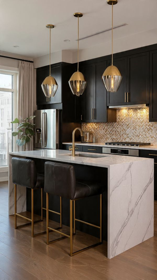 Stylish black and gold peninsula kitchen with sleek appliances and decorative backsplash
