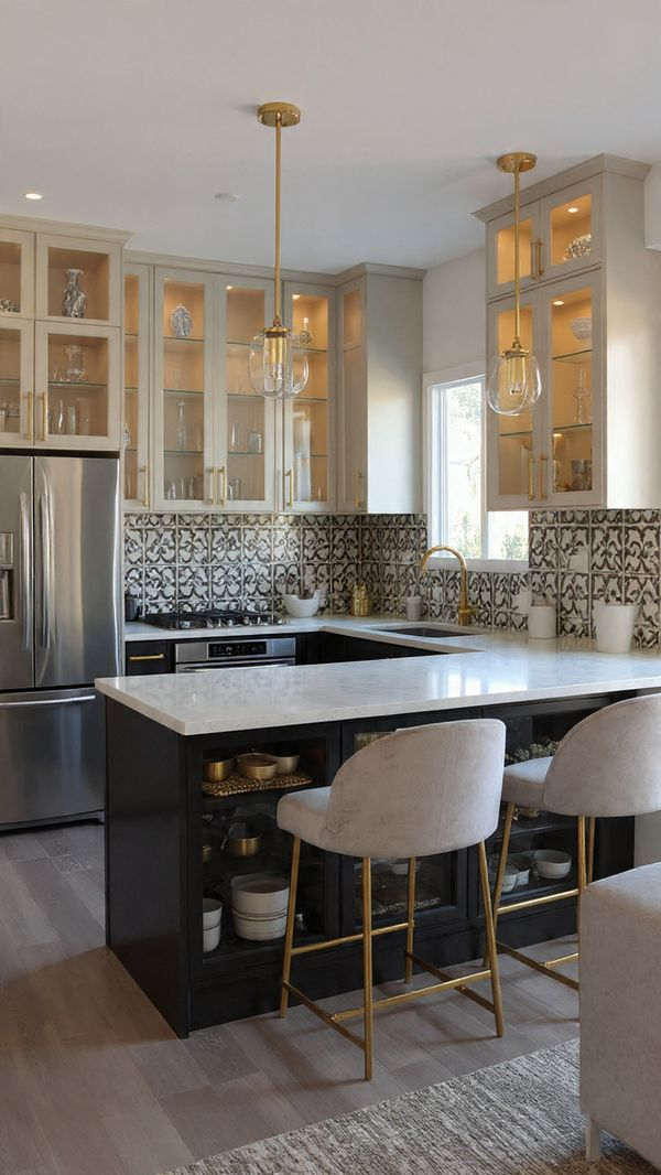 Contemporary peninsula kitchen with glass-front cabinets and smart storage
