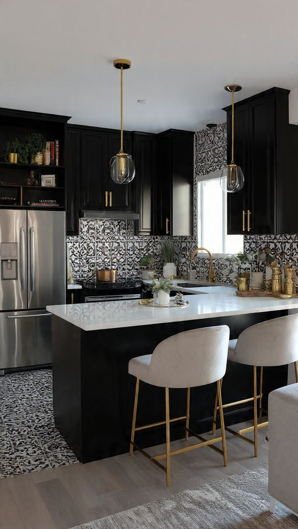 Peninsula kitchen with elegant waterfall edge island and modern bar seating