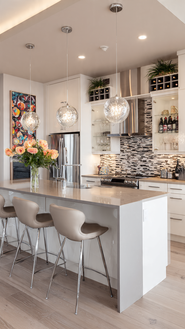 Peninsula kitchen layout with two-tier countertop and stylish pendant lamps