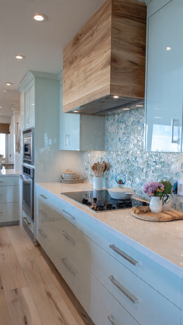 peninsula kitchen with glossy cabinets and artistic backsplash tiles