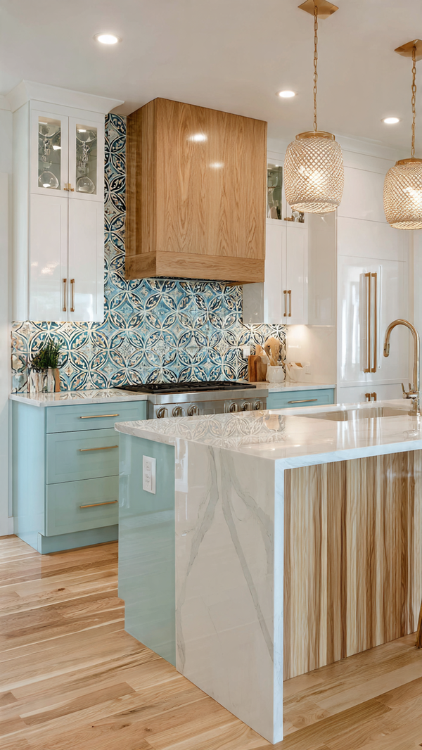 Stylish peninsula kitchen with glossy cabinets and artistic backsplash tiles