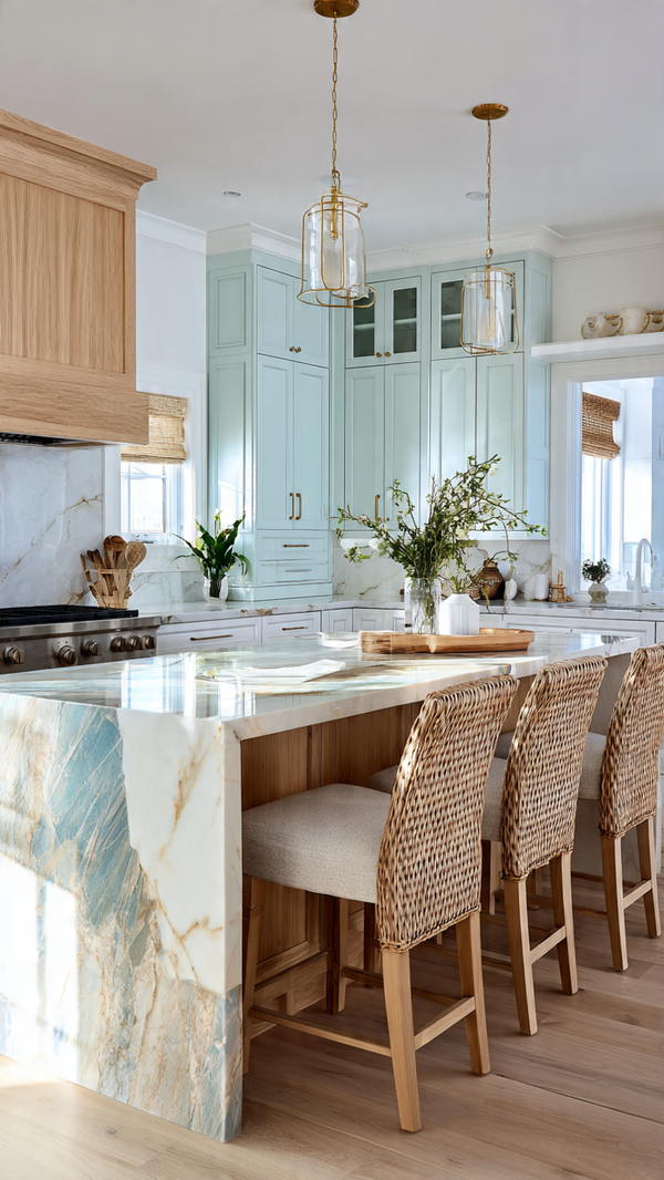 Coastal-inspired peninsula kitchen with pastel cabinetry and natural wood accents