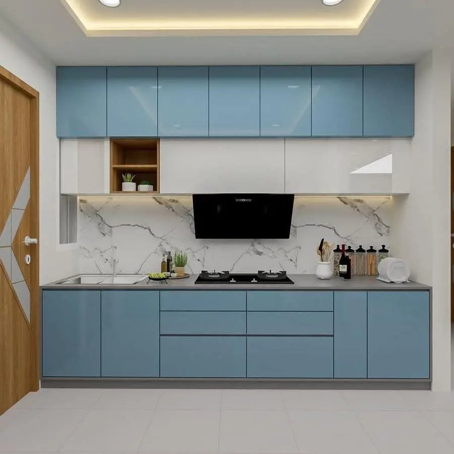 Modular kitchen with overhead cabinets and modern fittings