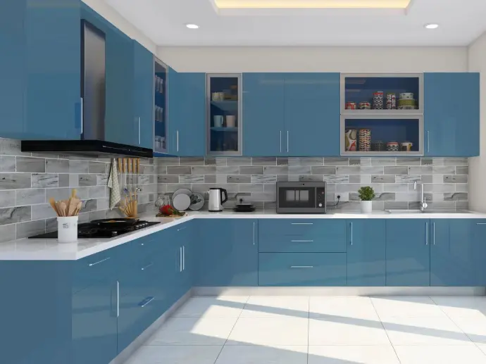 Functional and stylish modular kitchen setup crafted for maximum space efficiency and modern aesthetics.