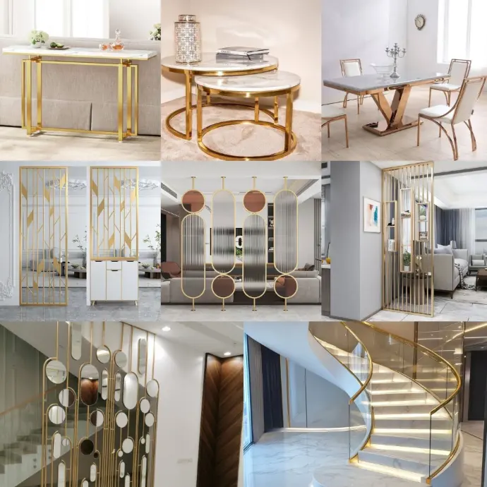 Luxury PVD coatings & decorative finishes for railings, panels, partitions, and furniture. Choose from gold, rose gold, black & custom textures.